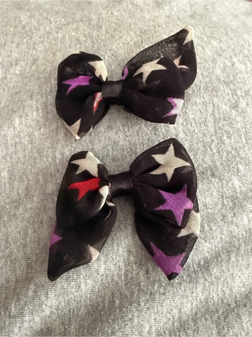 Star Print Hair Bows Clip- Black with Purple & White Stars